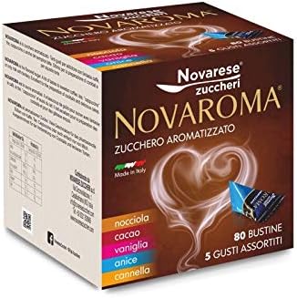 NOVAROMA ZUCCHERO AROMATIZZATO - 80 BUSTINE da 5g GUSTI ASSORTITI DI CANNELLA, CACAO, VANIGLIA, ANICE e NOCCIOLA